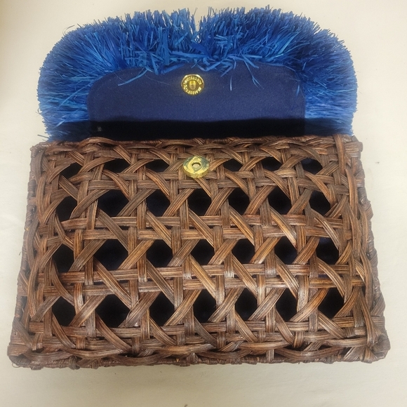 Anthropology Vincent Pradier Rattan Blue Fringe Wicker Clutch Woven Wood Straw - Picture 2 of 9